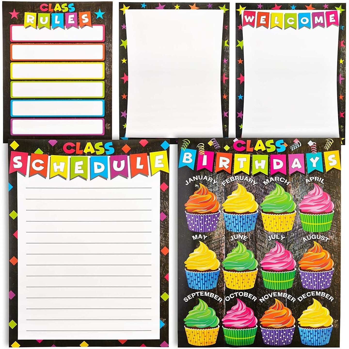 Juvale 5 Pack Classroom Poster Set, Includes Welcome Back to School Poster, Class Rules, Schedule, and Birthdays Chart, Teacher Supplies for Preschool and Elementary, Classroom Decorations, 17x22 In