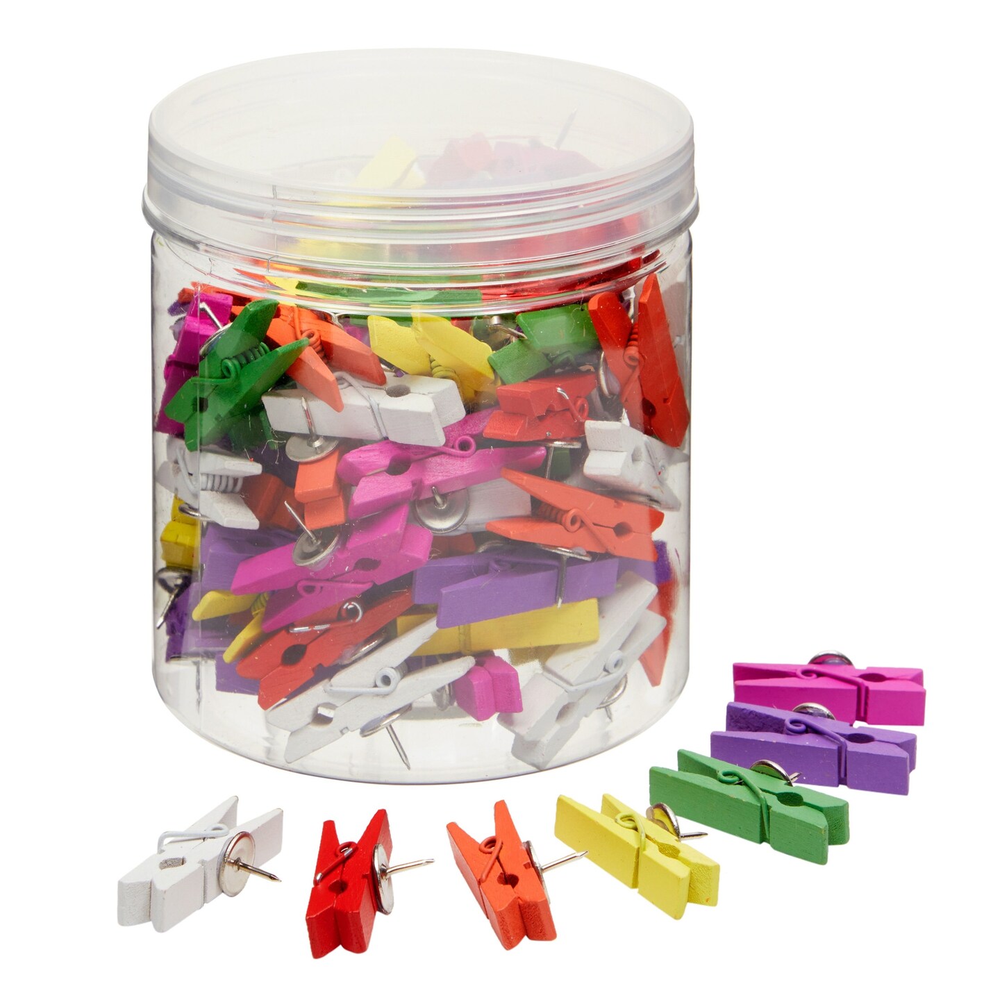 100 Pack Mini Wooden Push Pins for Bulletin Board Decorations, Clothespins Design in 7 Colors (1.4 Inches)