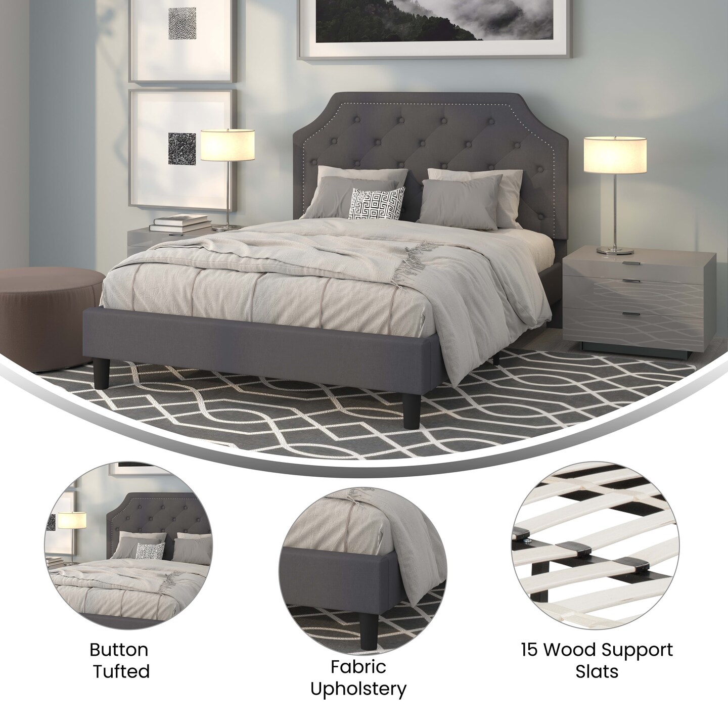 Merrick Lane Provence Platform Bed with Slatted Support Contemporary Tufted Upholstery with Accent Nail Trim