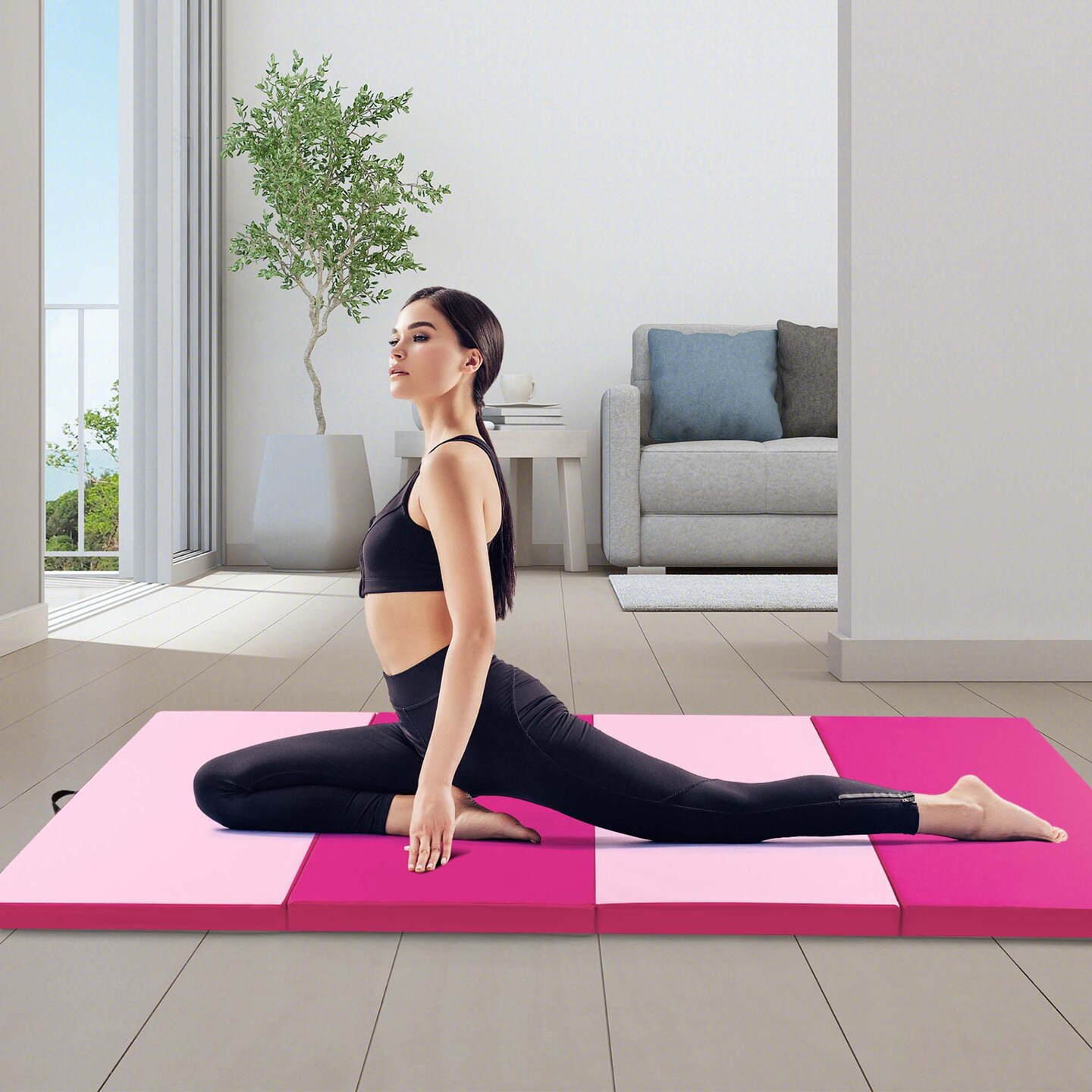 Costway 10&#x27; x 4&#x27; x 2&#x22; 4-Panel Folding Exercise Mat with Carrying Handles for Gym Yoga Black/Blue/Navy/Colorful/Pink&#x26;Blue/Pink/Light Pink/Navy