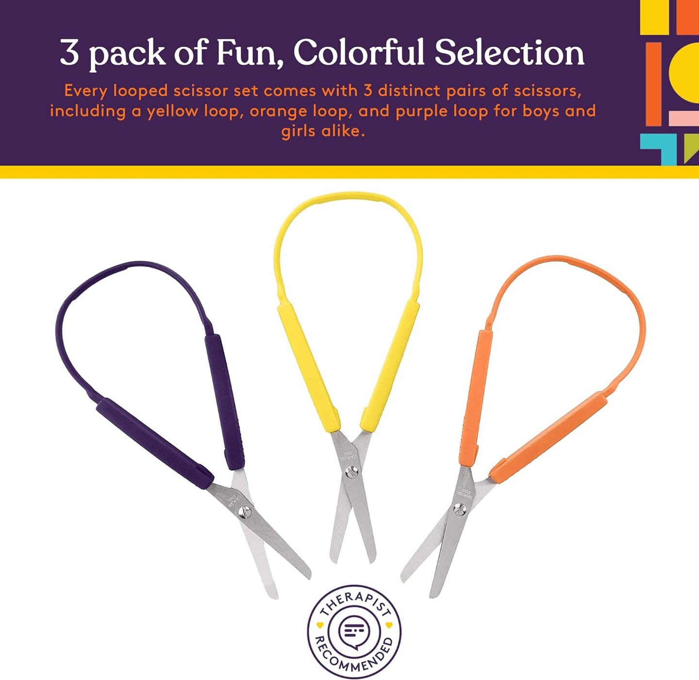 Loop Scissors for Teens And Adults 8 Inches (3-Pack) Colorful Looped, Adaptive Design, Right and Lefty Support, Small, Easy-Open Squeeze Handles, Supports Elderly and Special Needs