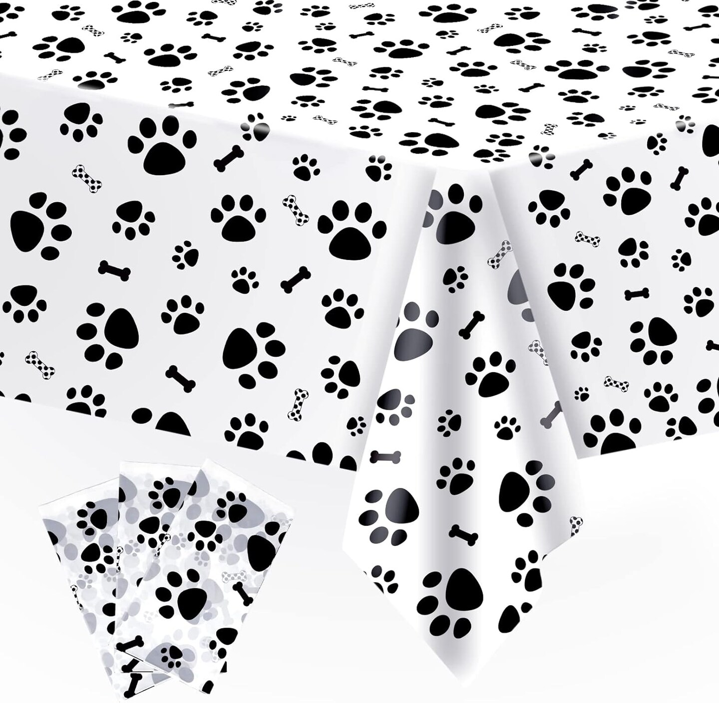3 Pack Puppy Dog Pet Paw Print Plastic Tablecloth Table Cover,Large Paw Print and Bone Sign Plastic Disposable Rectangle Table Cover for Pet Dog Themed Birthday Party Decorations,54x108 inch