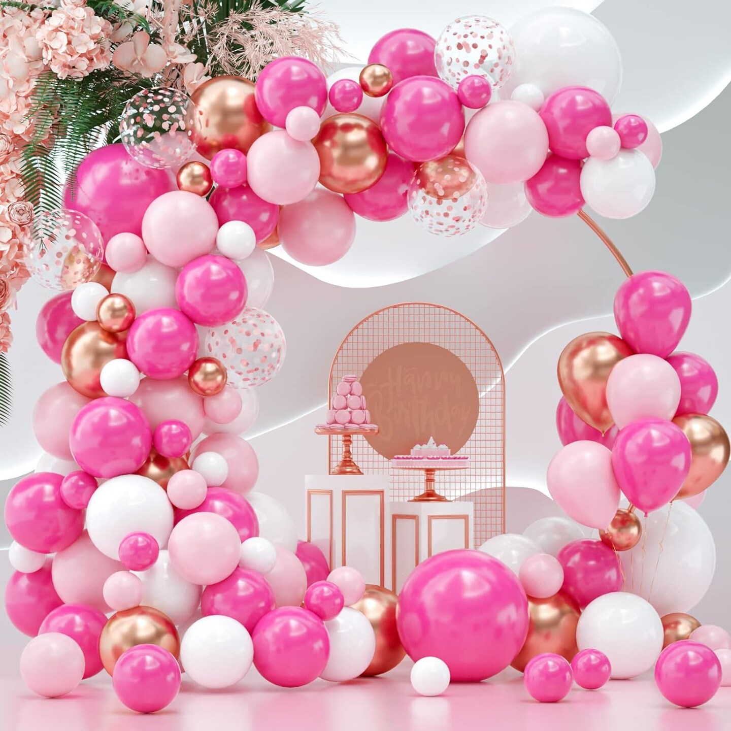 Pink Balloons Arch Kit, 114 Pcs Hot Pink and White Balloons Garland Arch Kit for Barbie Princess Theme, Baby Shower, Graduation, Wedding, Birthday, Valentine&#x27;s Party Supplies Decoration