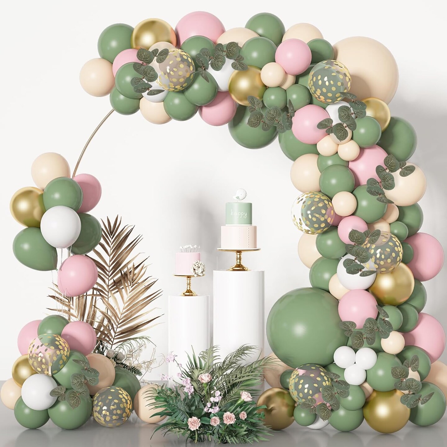 126Pcs Sage Green Balloon Garland Arch Kit, Olive Sage Green Balloons Birthday Baby Shower Decorations of Blush Pink White and Gold Confetti with Artificial Eucalyptus for Wedding Safari Party