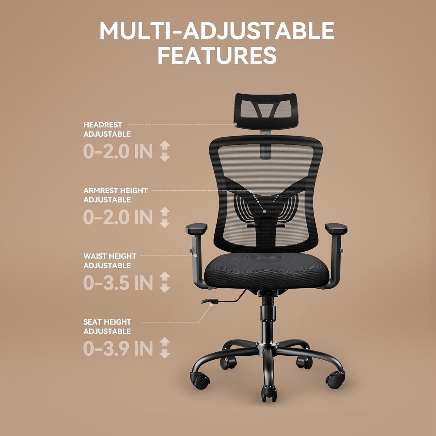 Ergonomic Office Chair, Desk Chair with 2&#x27;&#x27; Adjustable Lumbar Support, Headrest, 2D Armrest, Office Chair Backrest 135&#xB0; Rocking Relaxation, Computer Chair for Home Office