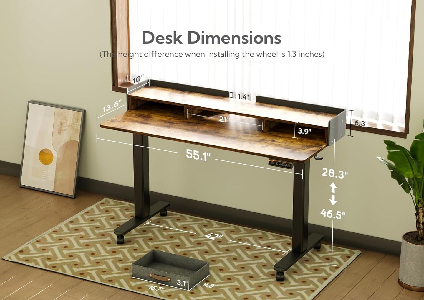 Standing Desk with Drawers, Stand Up Electric Standing Desk Adjustable Height, Sit Stand Desk with Storage Shelf and Splice Board, 55 Inch, Rustic Brown