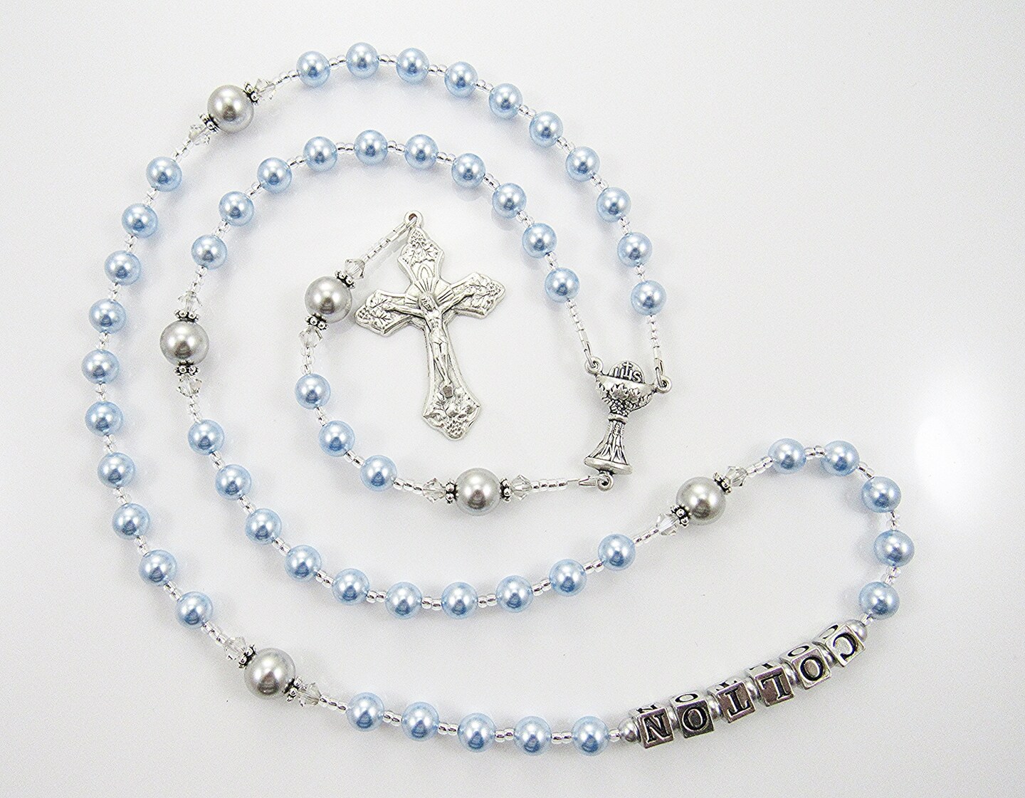 Baptism Rosary for a Baby Boy Christening Gift - Personalized Rosary for Boys First Communion Gift, Confirmation - Light Blue and Gray product 5