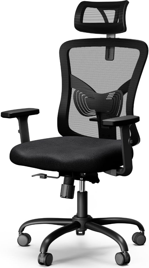Ergonomic Office Chair, Desk Chair with 2&#x27;&#x27; Adjustable Lumbar Support, Headrest, 2D Armrest, Office Chair Backrest 135&#xB0; Rocking Relaxation, Computer Chair for Home Office