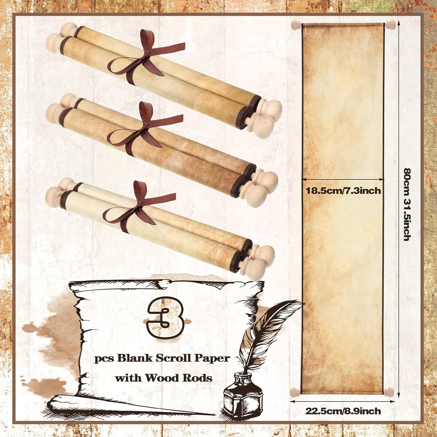 3 Pack Blank Paper Scrolls 7.5 x 31 Inches Scroll Paper Wrapped on Wood Rod for Writing, Drawing, Calligraphy, Wedding Vows, Invitation, Renaissance Festivals
