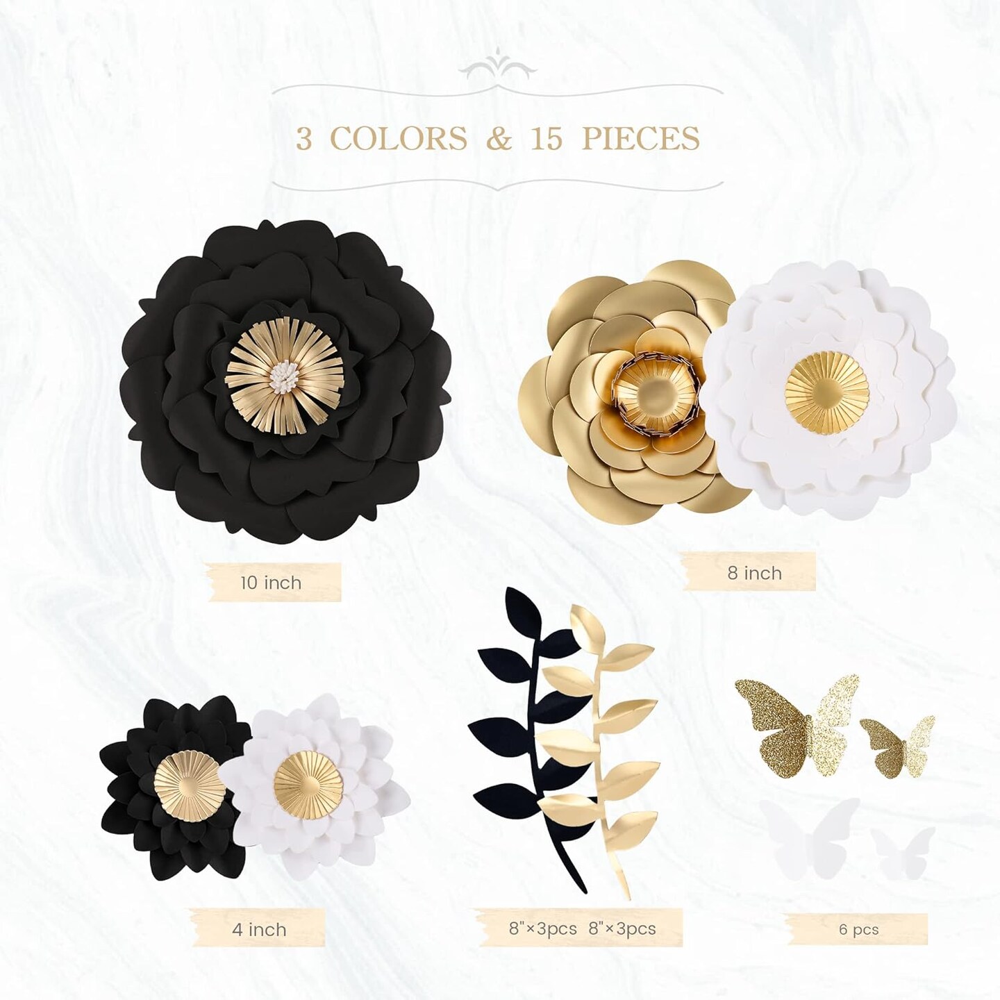 3D Paper Flower Decorations(Set of 13, White Black Gold), Giant Paper Flowers for Wedding Backdrop, Graduation Party, Bridal Shower, Halloween Centerpieces, Nursery Wall Decor