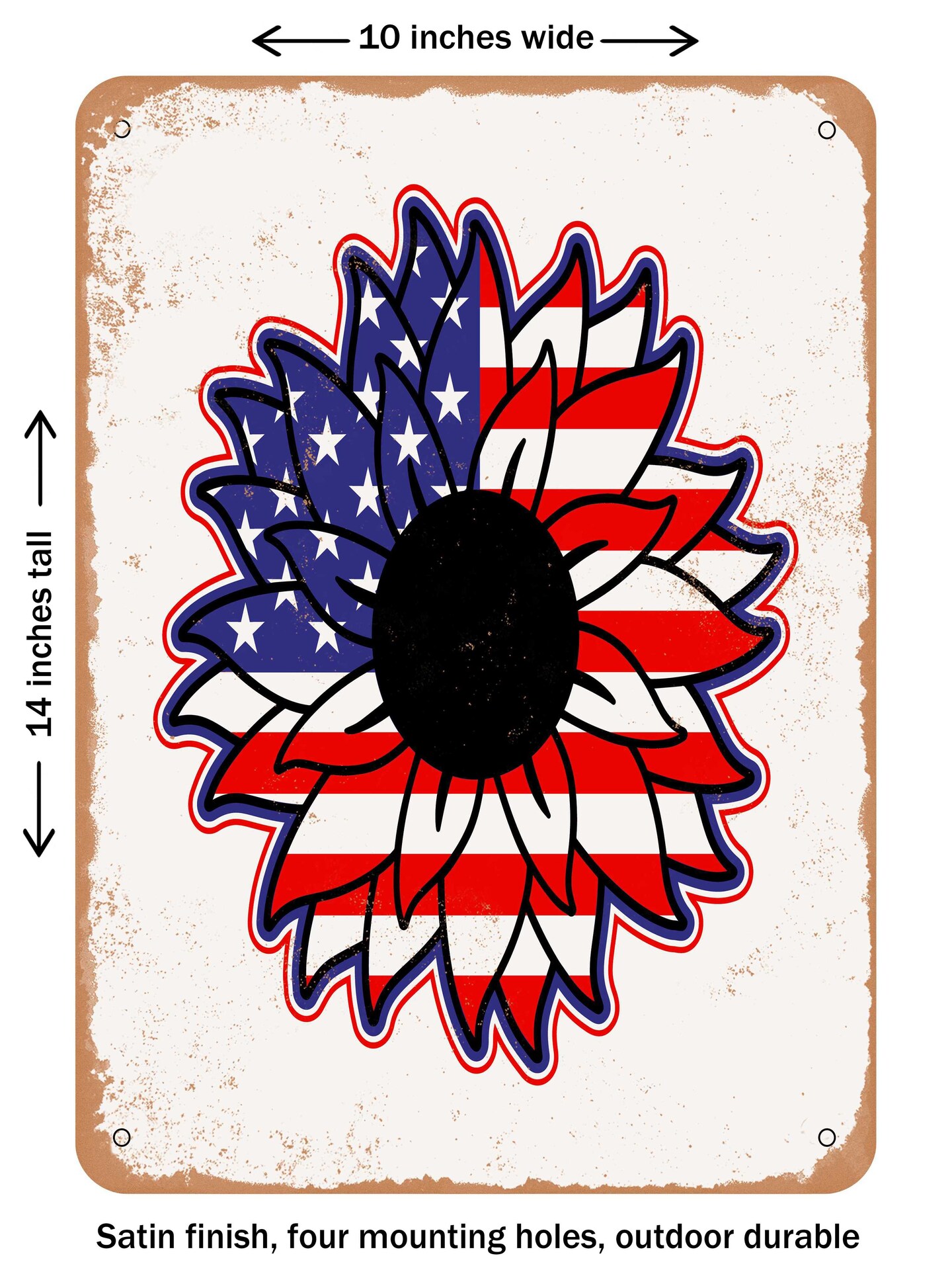 DECORATIVE METAL SIGN - d Sunflower American Flag  - Vintage Rusty Look