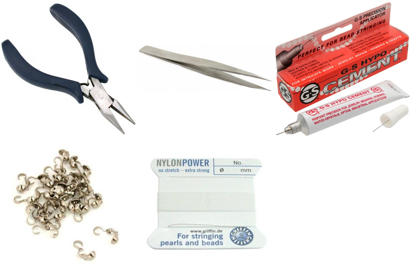 Bead Tip Kit - Pliers, Tweezers, Cement, 30 Bead Tips & White Bead Cord #4