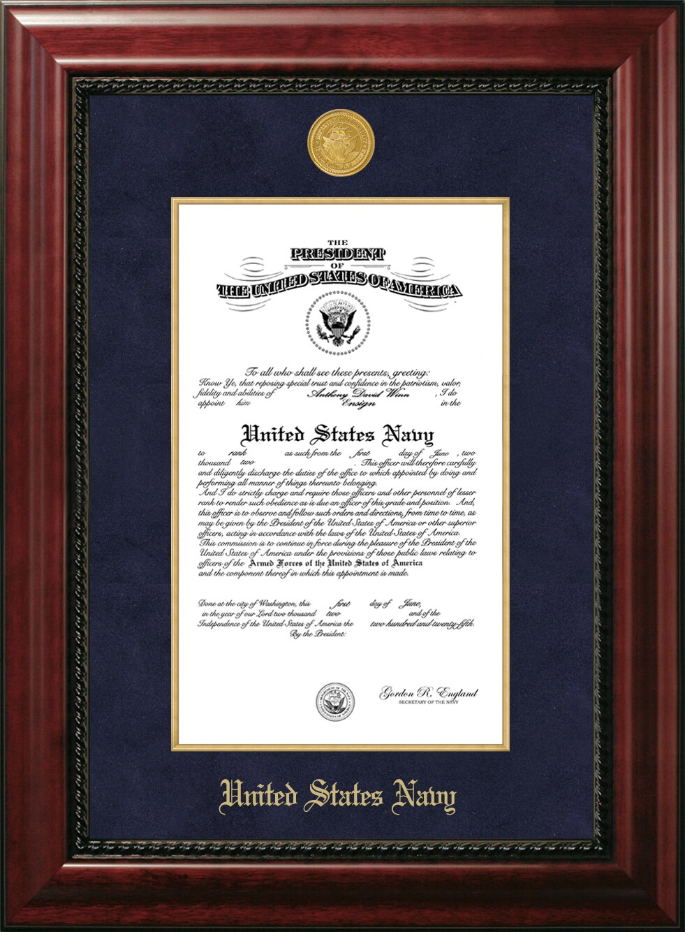 Patriot Frames Navy 10x14 Certificate Executive Frame with Gold Medallion with Mahogany Filet