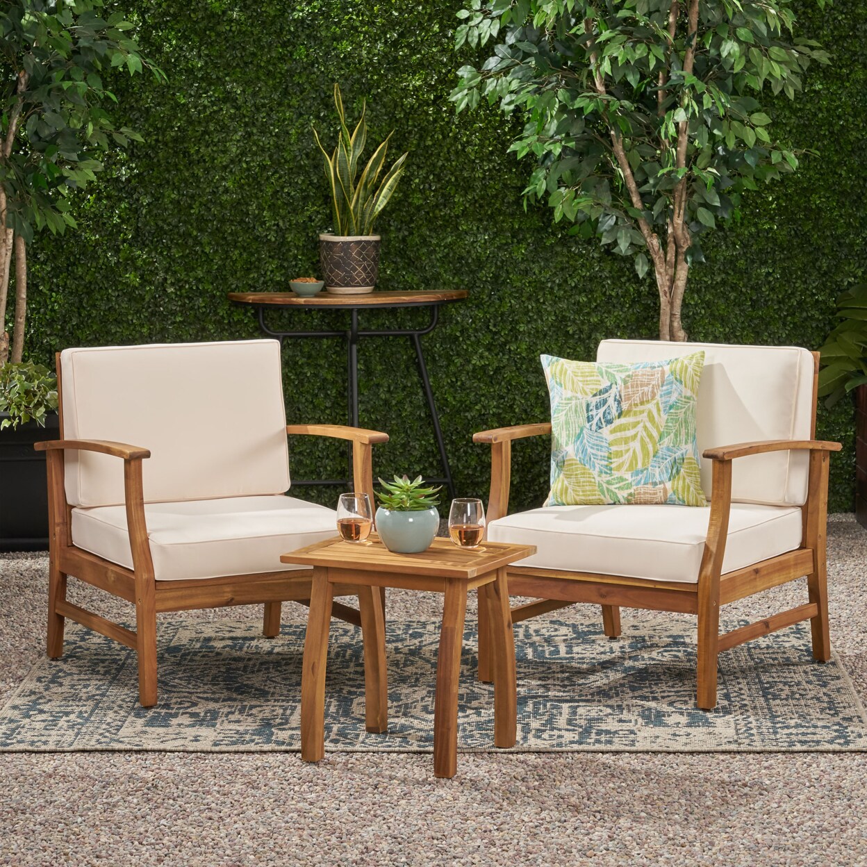 GDFStudio Pearl Outdoor 3 Piece Acacia Wood Chat Set with Water Resistant Cushions