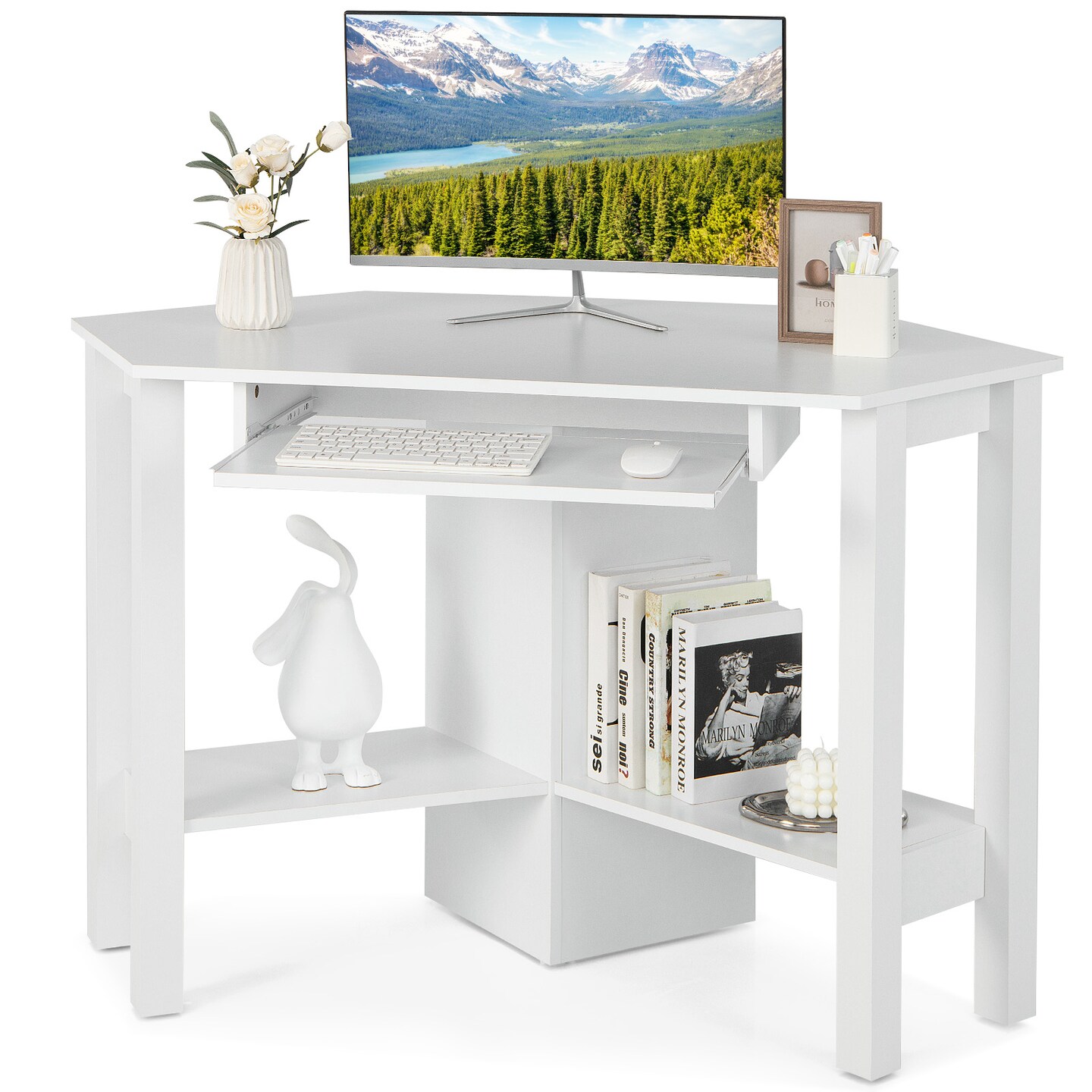Costway Wooden Corner Desk With Drawer Computer PC Table Study Office Room White