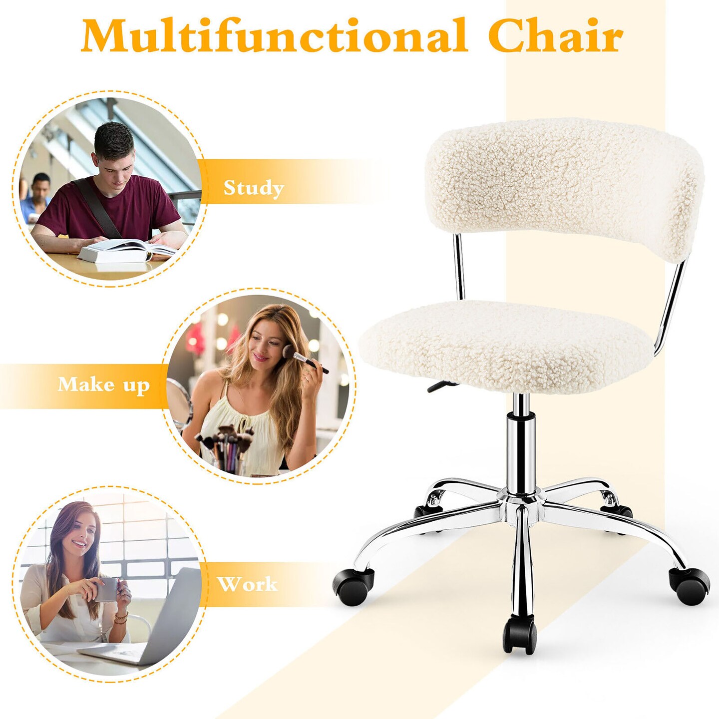 Costway Computer Desk Chair Adjustable Faux Fur Office Chair Swivel Vanity Chair