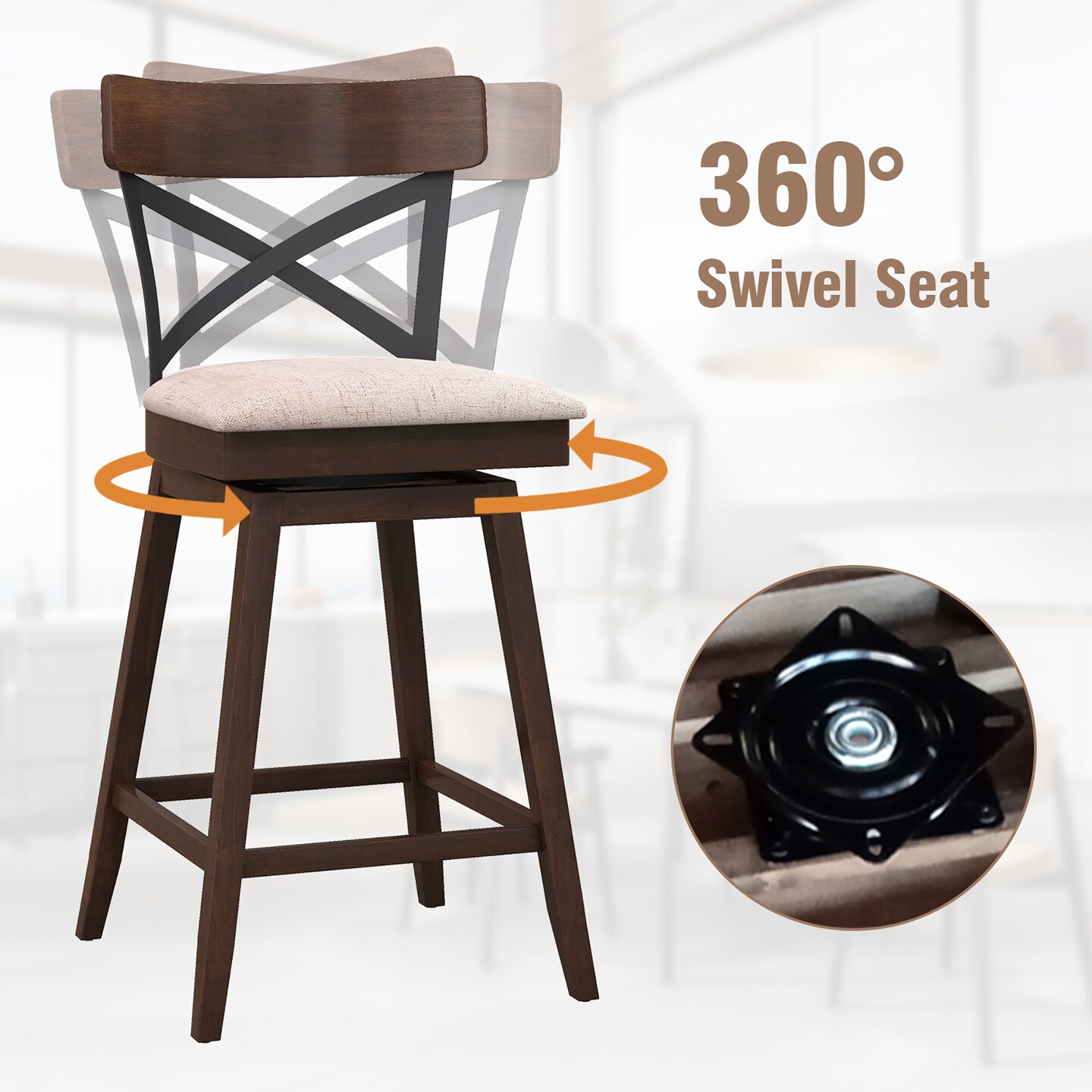 Costway Set of 4 Wooden Swivel Bar Stools Upholstered Counter Height Dining Chairs