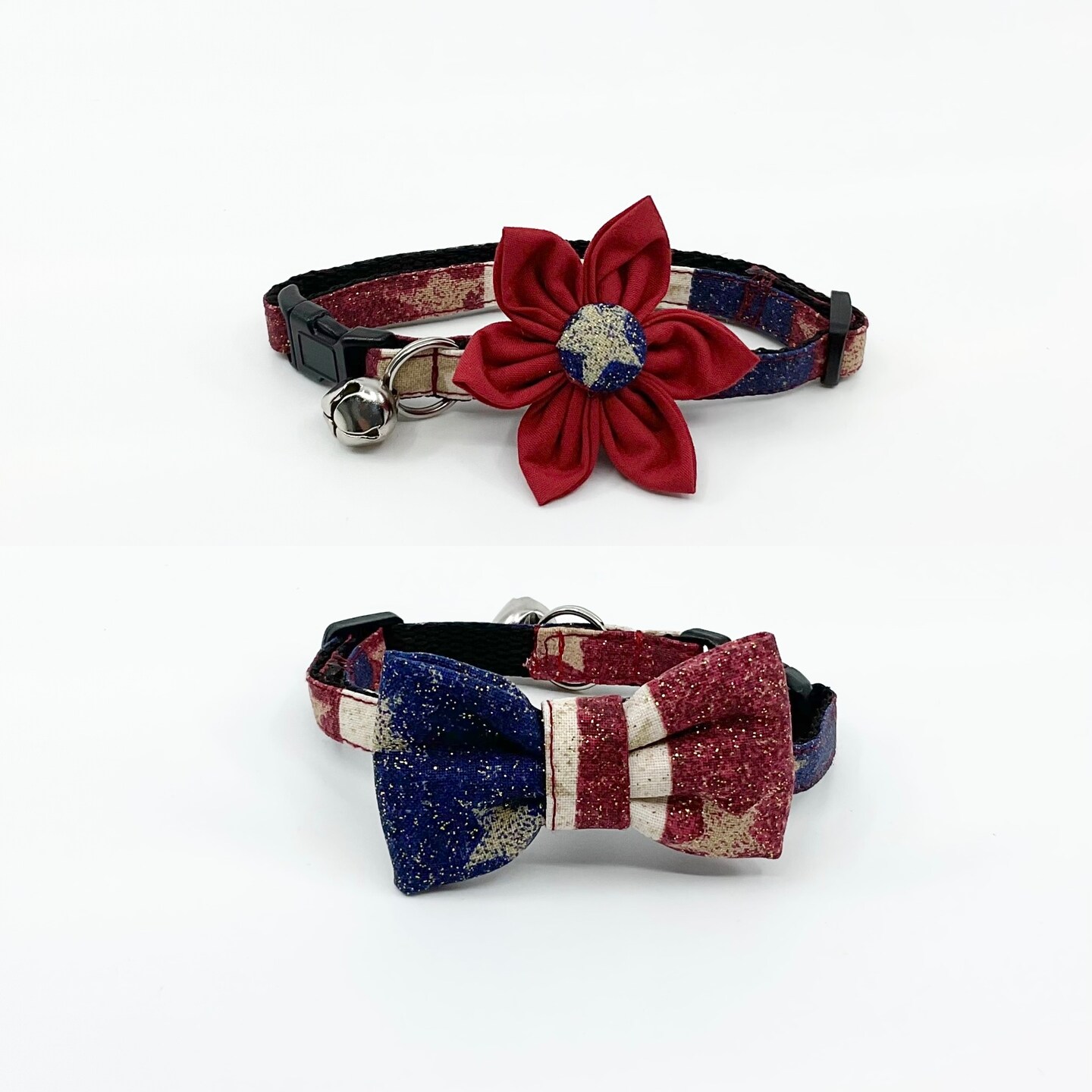 Patriotic Cat Collar With Optional Flower Or Bow Tie Gold  Stars On Red And Blue Stripes Breakaway Collar Adjustable Sizes S Kitten, M, product 2
