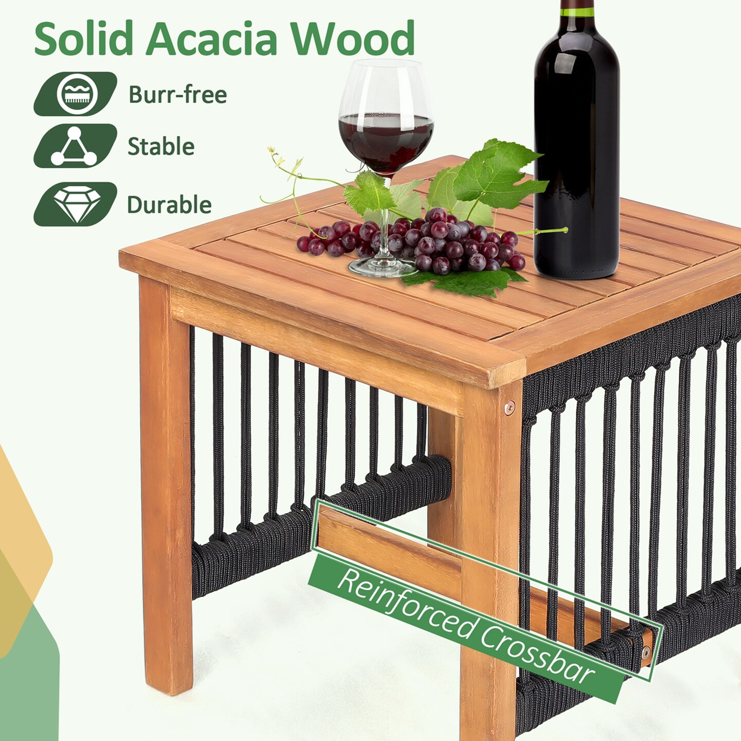 Costway 3pcs Patio Acacia Wood Bistro Table Rocking Chair Set All-Weather Rope Outdoor