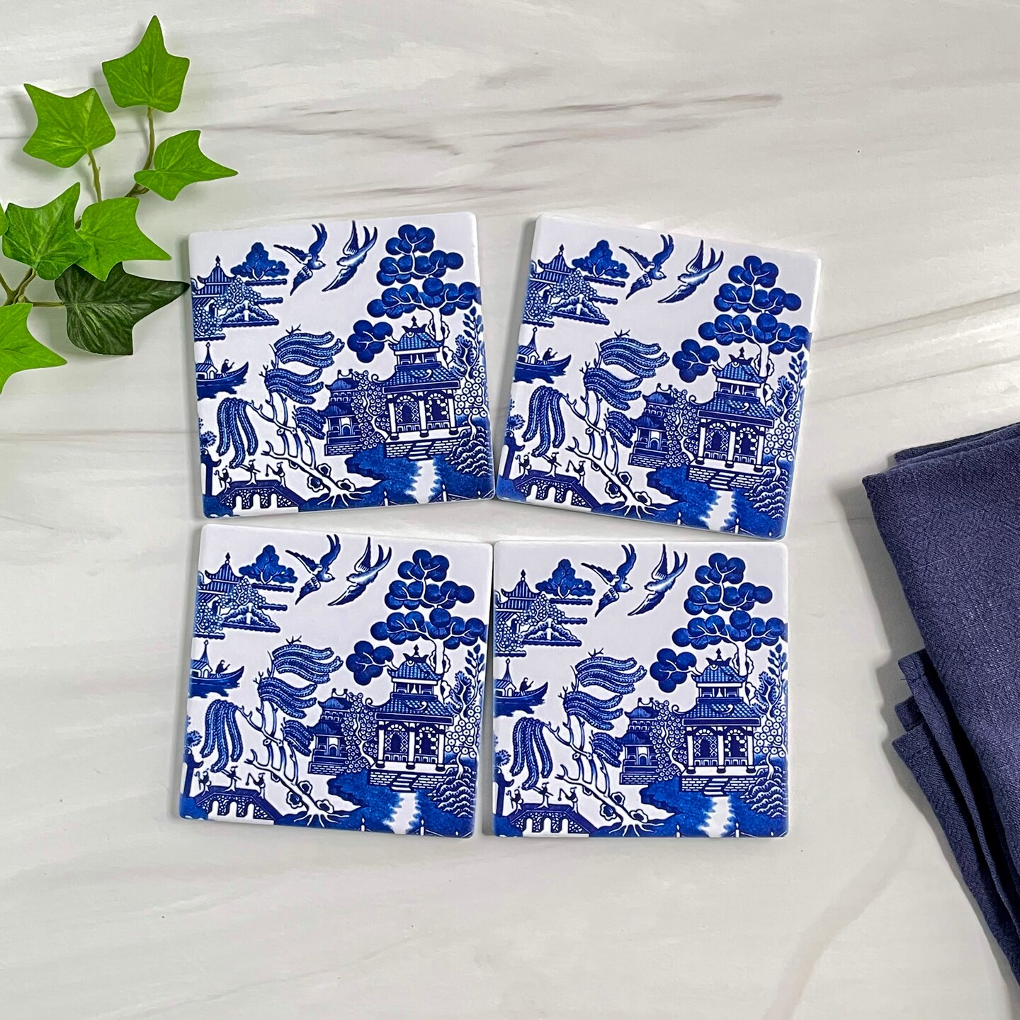 FYSUIMU 6-Pack Floral Coasters – Blue & White Ceramic With Cork Back, 4.1x4.1 Inch, Absorbent Table Protectors - View #8