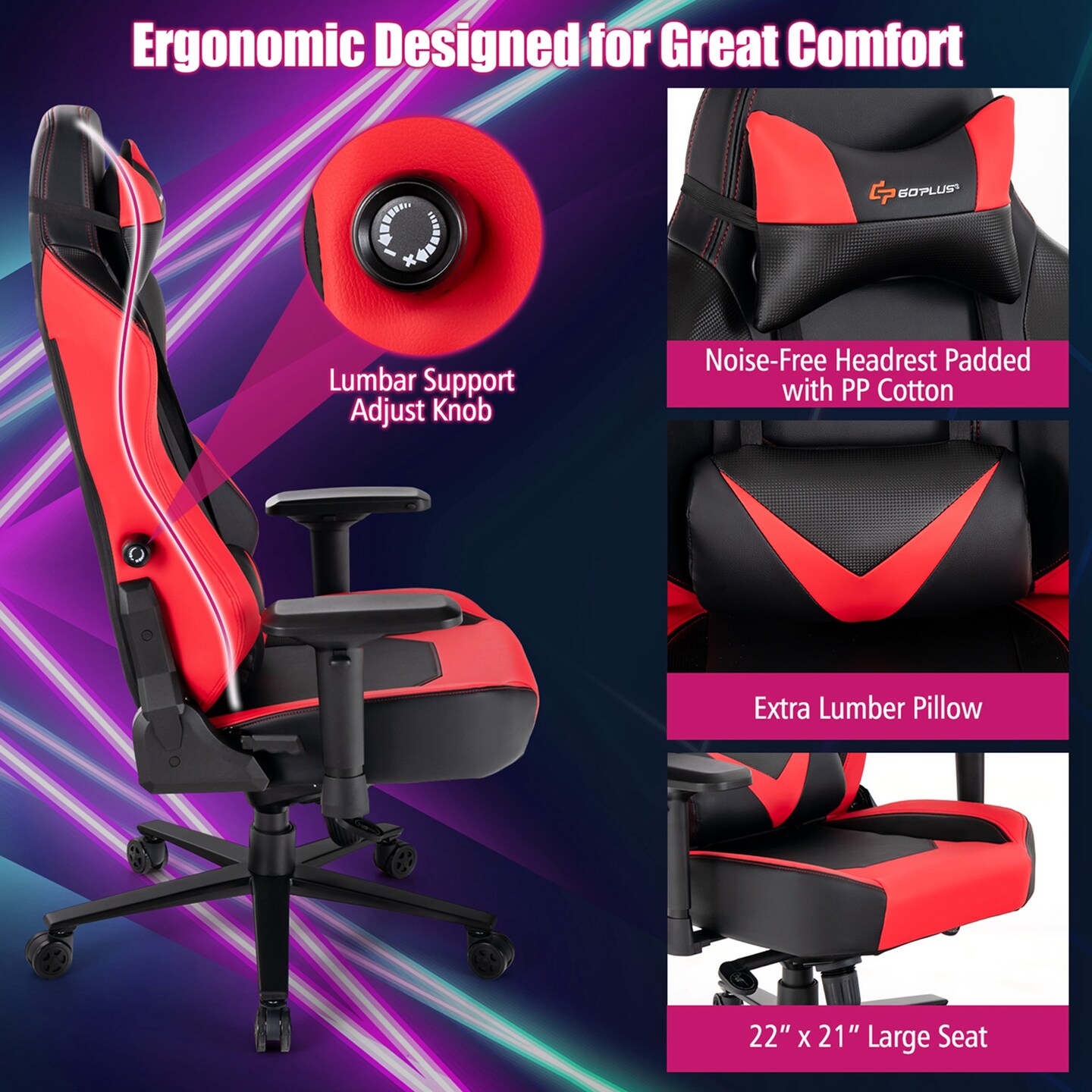 Goplus Gaming Chair 360&#xB0; Swivel Computer Reclining Height Adjustable 4D Armrest Red