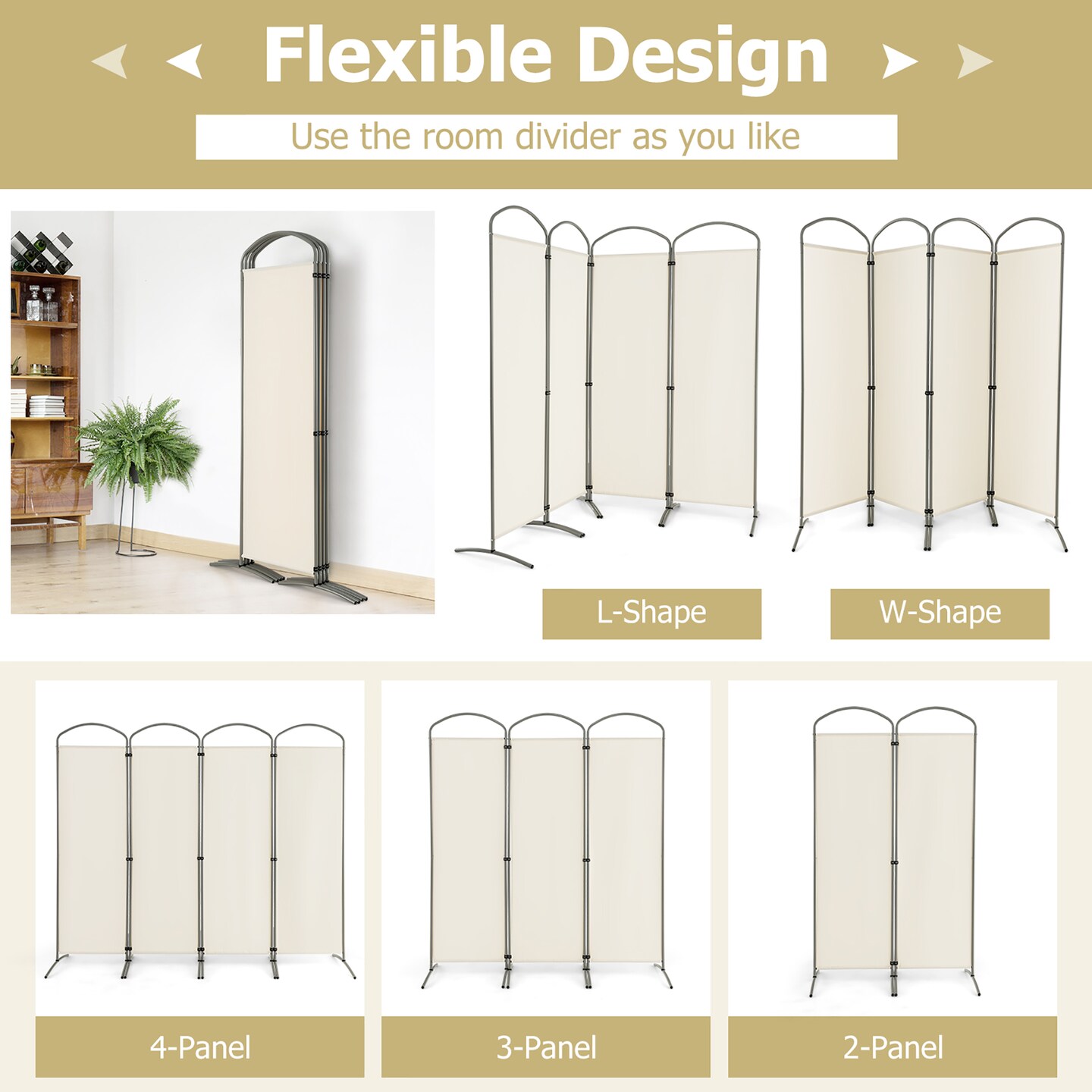 Costway 4 Panels Folding Room Divider 6 Ft Tall Fabric Privacy Screen Black/Brown/Grey/White