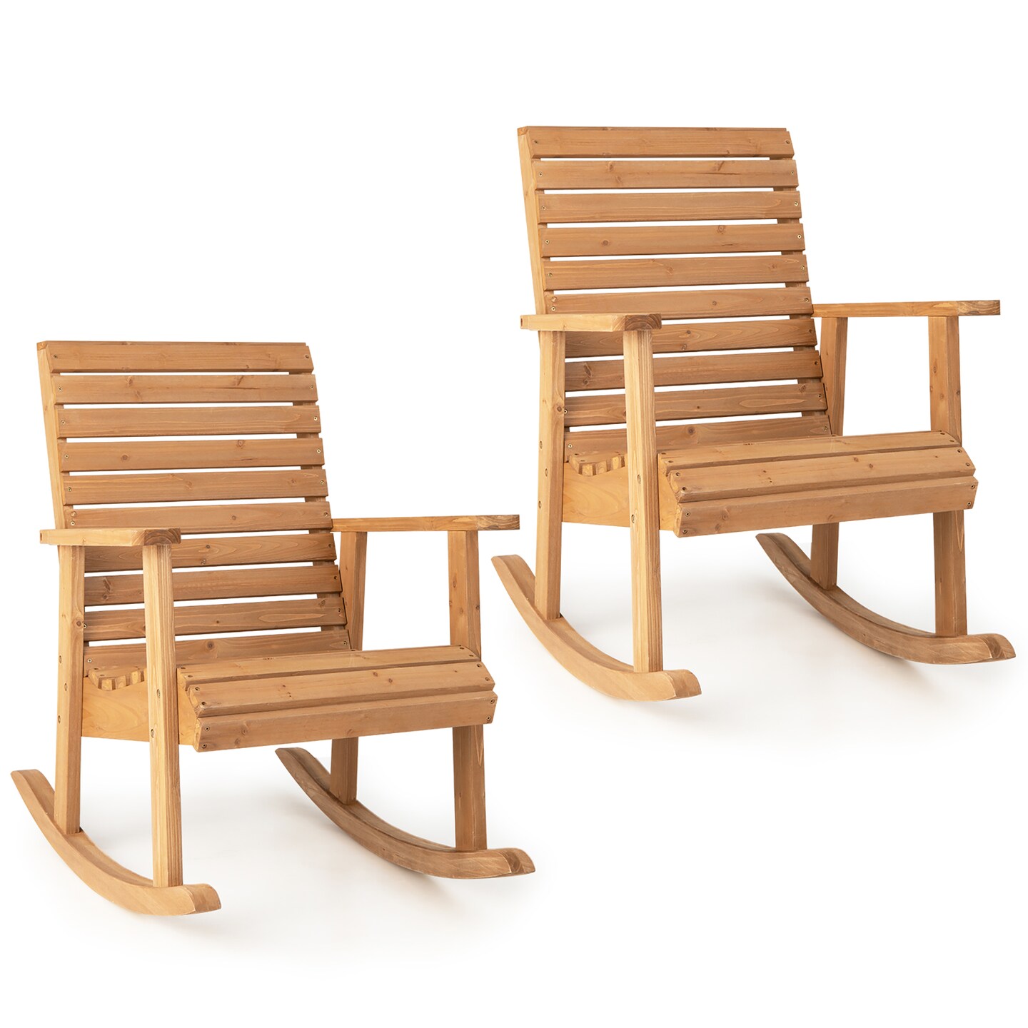 Costway 2 PCS Patio Wooden Rocking Chair High Back Fir Wood Armchair Natural Garden Yard