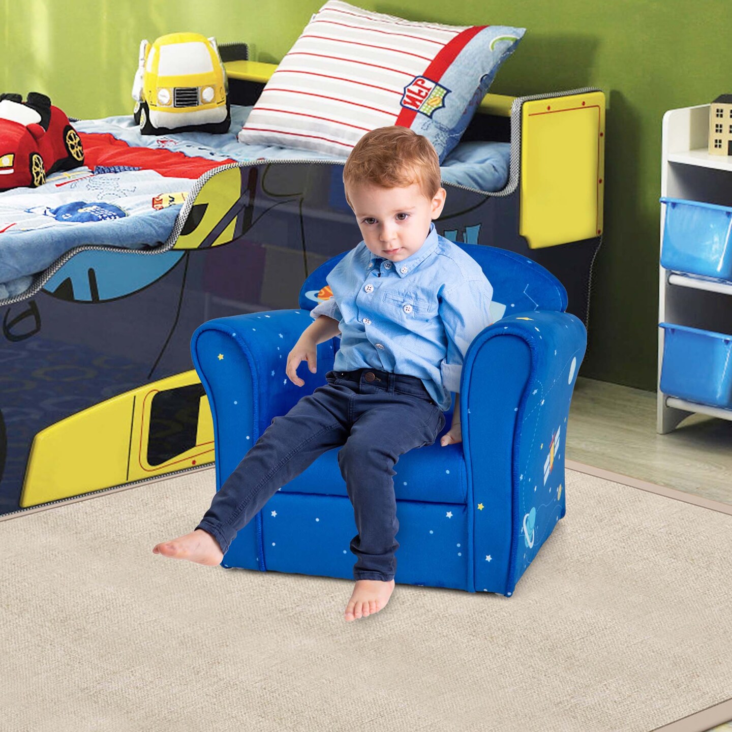 Costway Kids Sofa Toddler Upholstered Armrest Chair withSolid Wooden Frame Blue