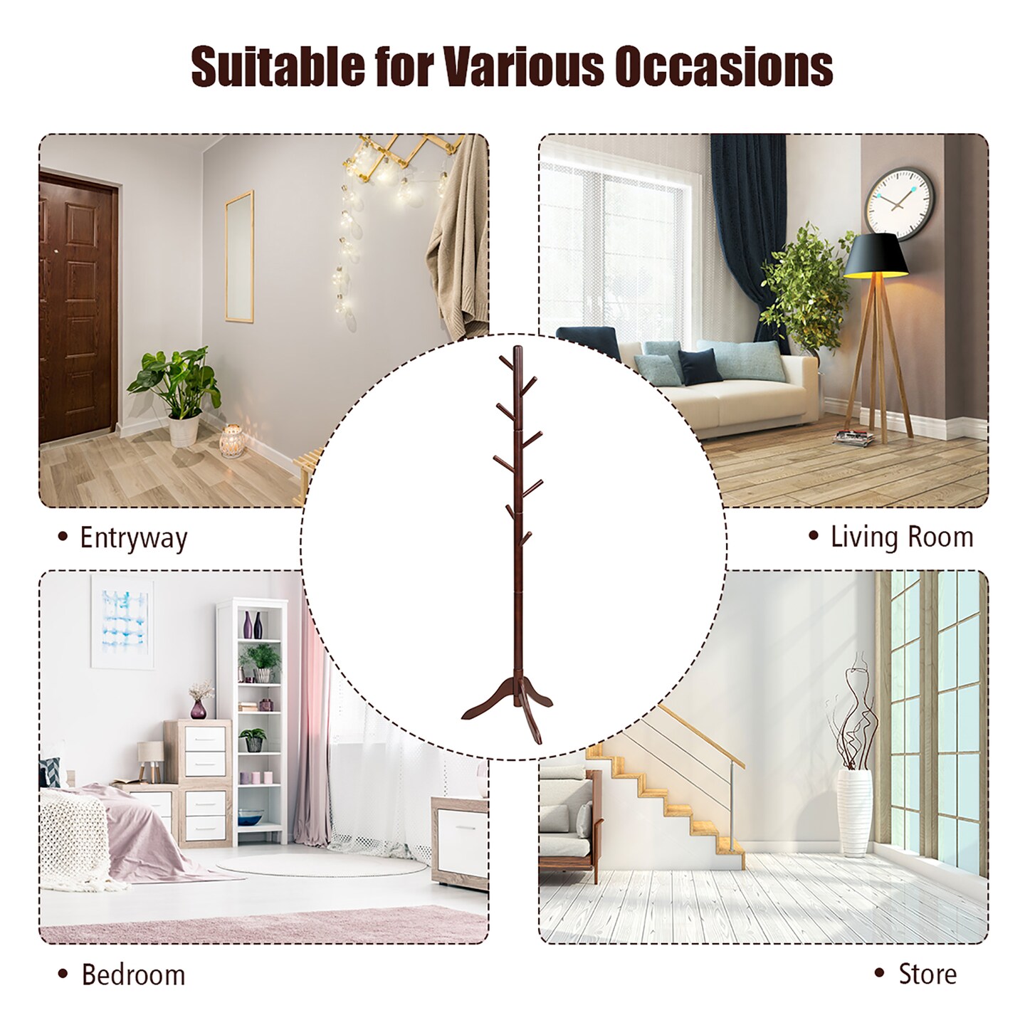 Costway Wooden Coat Rack Stand Entryway Hall Tree 2 Adjustable Height w/ 8 Hooks Gray\Brown