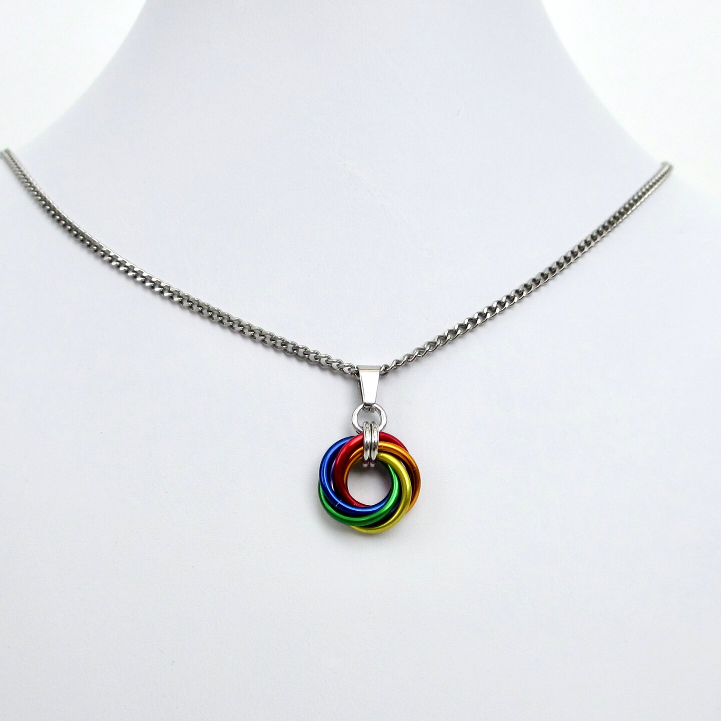 Gay pride pendant necklace, chainmail love knot, small rainbow LGBTQ jewelry product 7