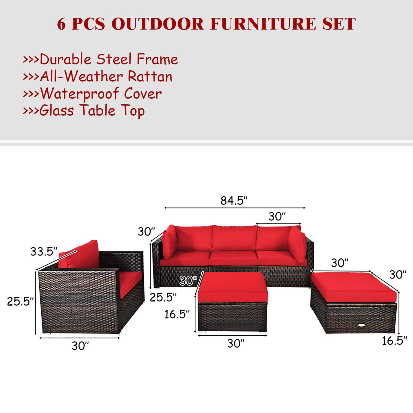 Costway 6PCS Patio Rattan Furniture Set Cushion Sofa Coffee Table