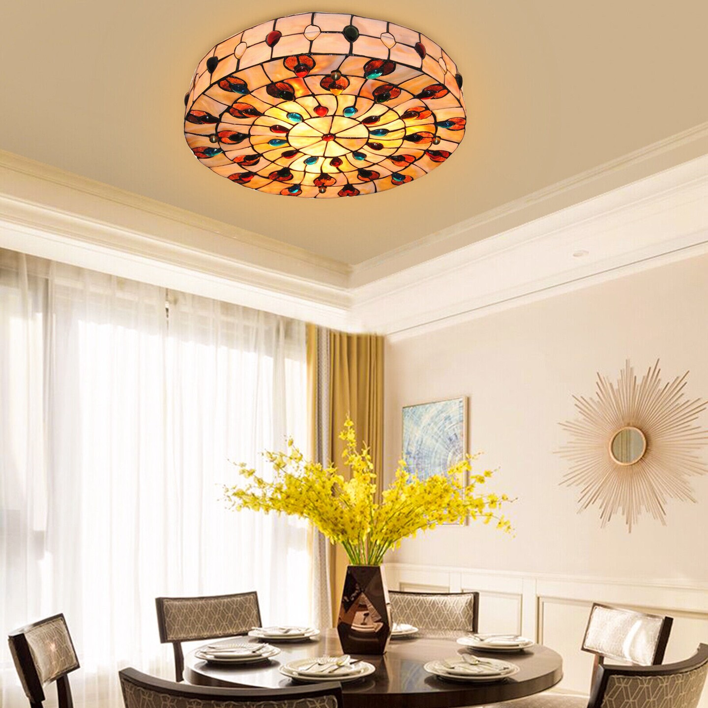 Kitcheniva Round Tiffany Style Stained Glass Flush Mount Ceiling Lamp 20 inch