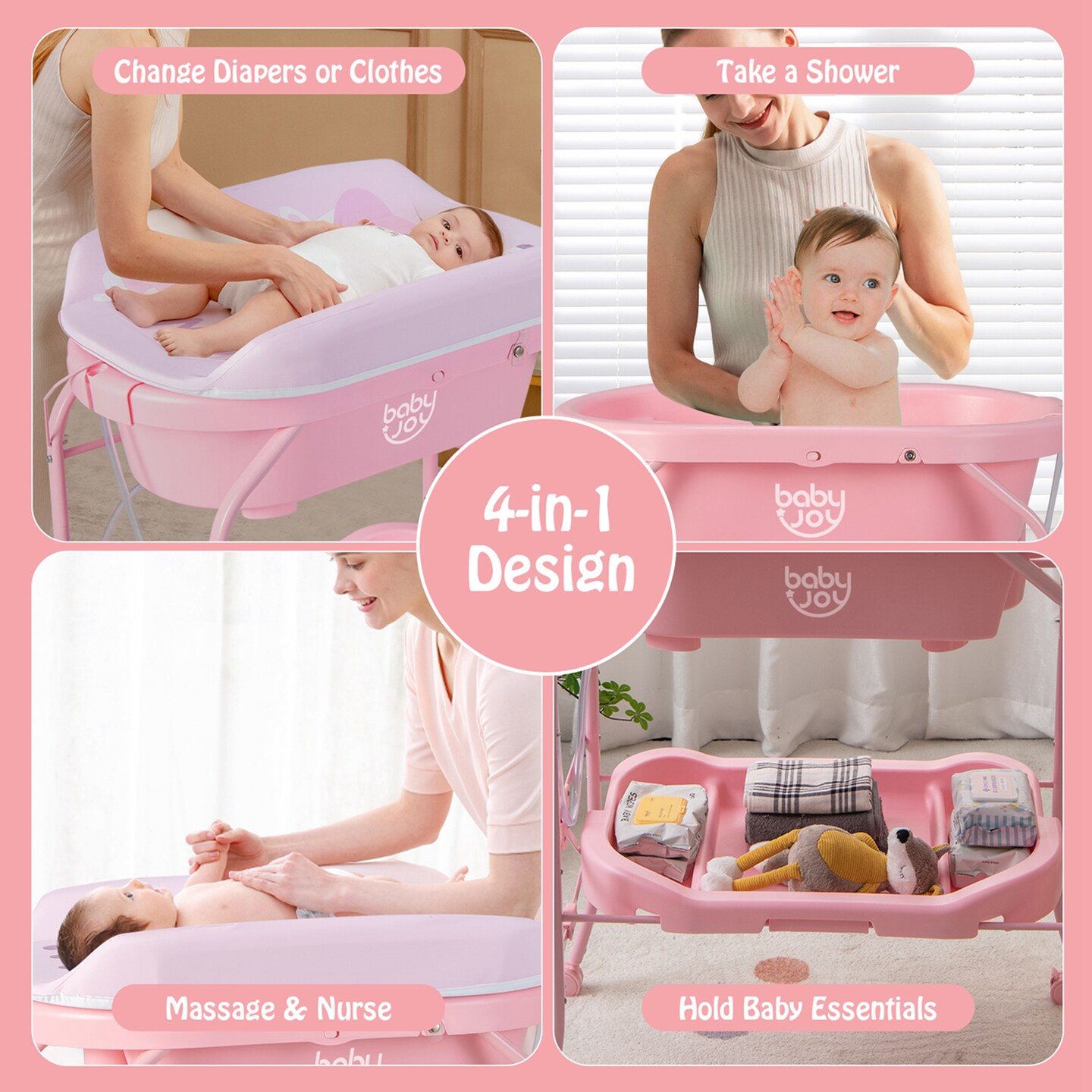 Babyjoy Baby Changing Table with Bathtub, Folding &#x26; Portable Diaper Station with Wheels Blue/Pink/White