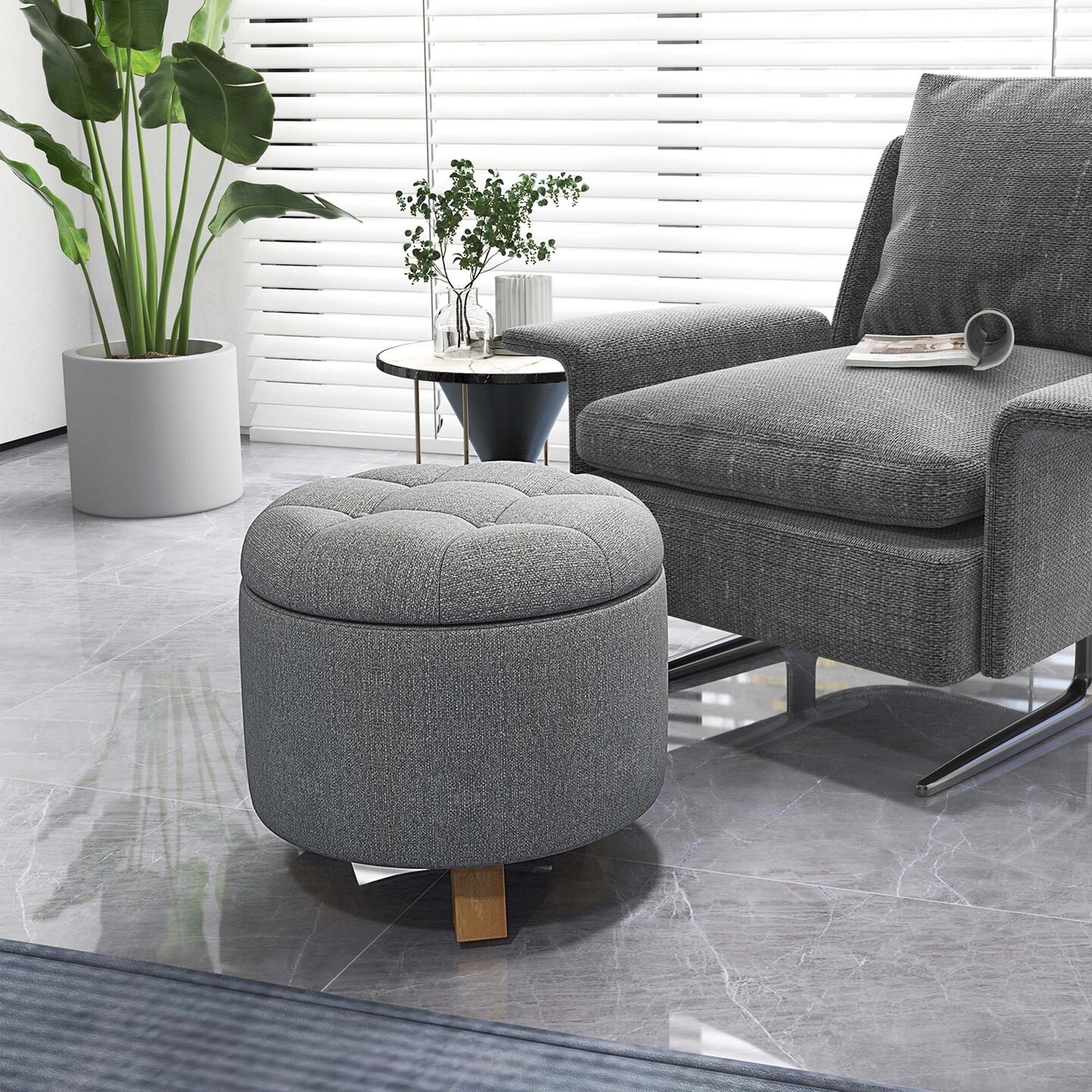 Costway Upholstered Round Ottoman Cushioned Storage Footstool with Solid Rubber Feet Grey