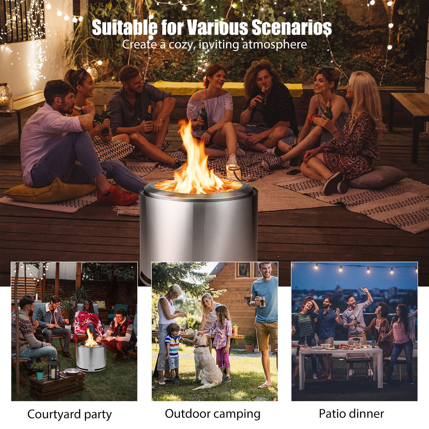 Costway 18.5&#x27;&#x27; Smokeless Fire Pit 304 Stainless Steel Stove Bonfire with Waterproof Cover