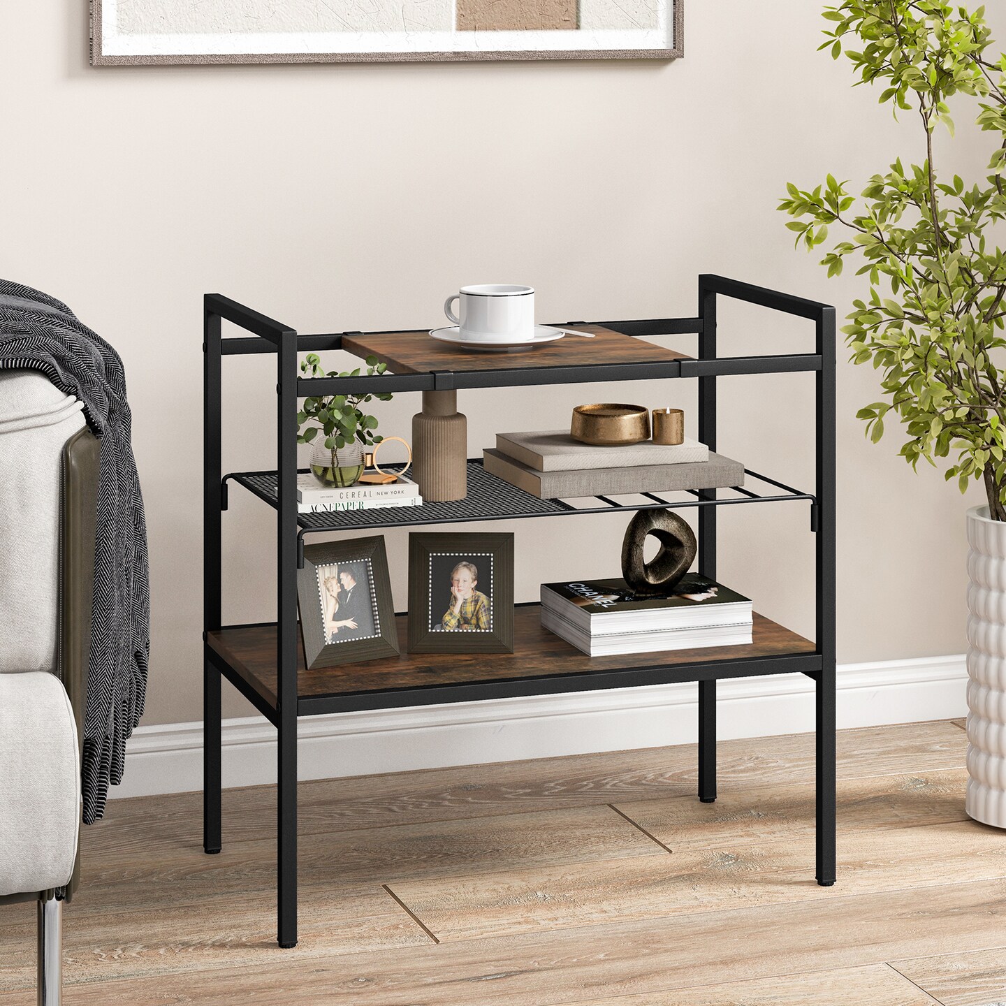 Industrial Entryway Table with Removable Panel and Mesh Shelf