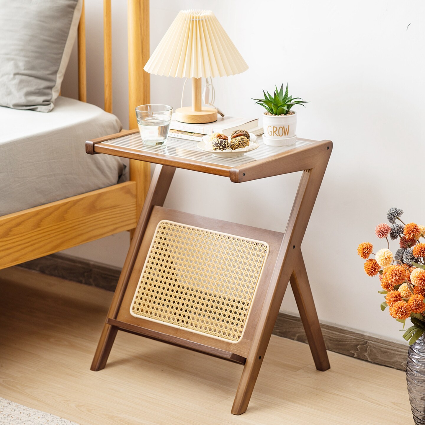 Costway Rattan Side Table Bamboo Accent Bedside Table with Tempered Glass Top Walnut/Natural