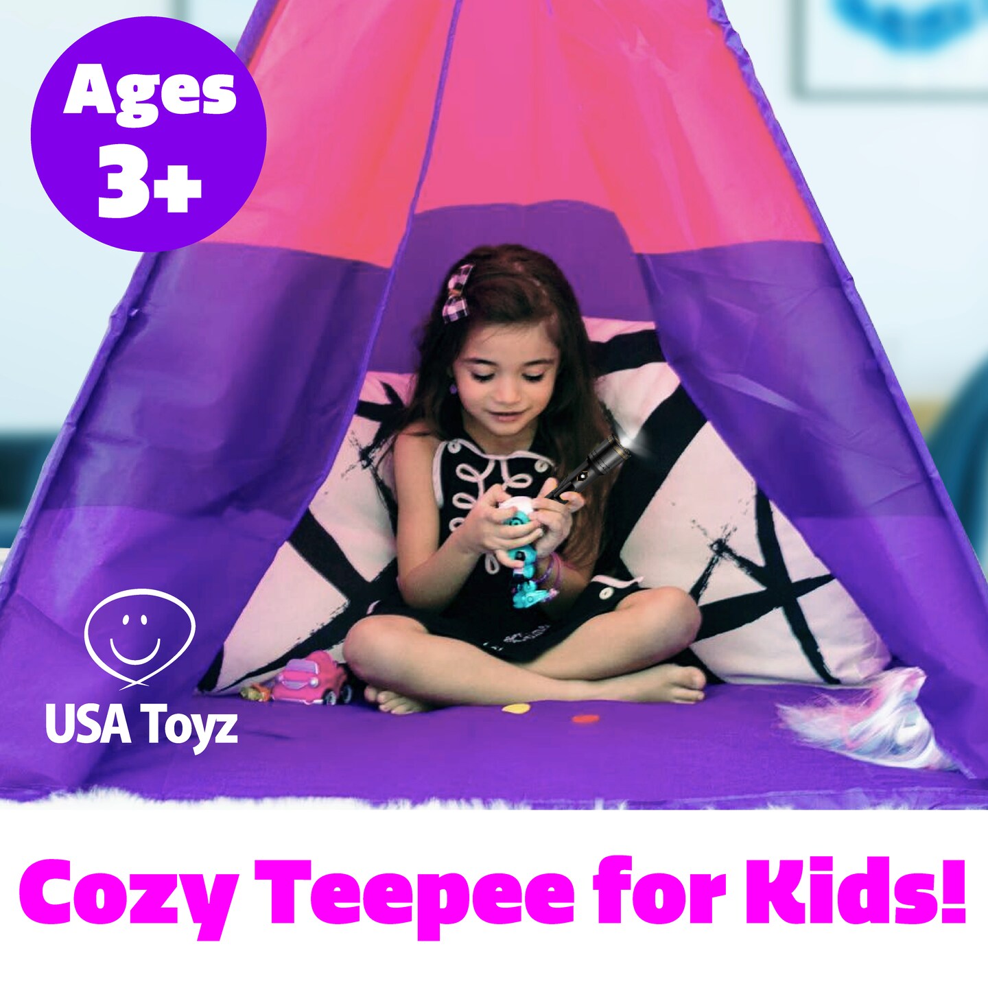 USA Toyz Happy Hut Teepee Tent for Kids - Pink