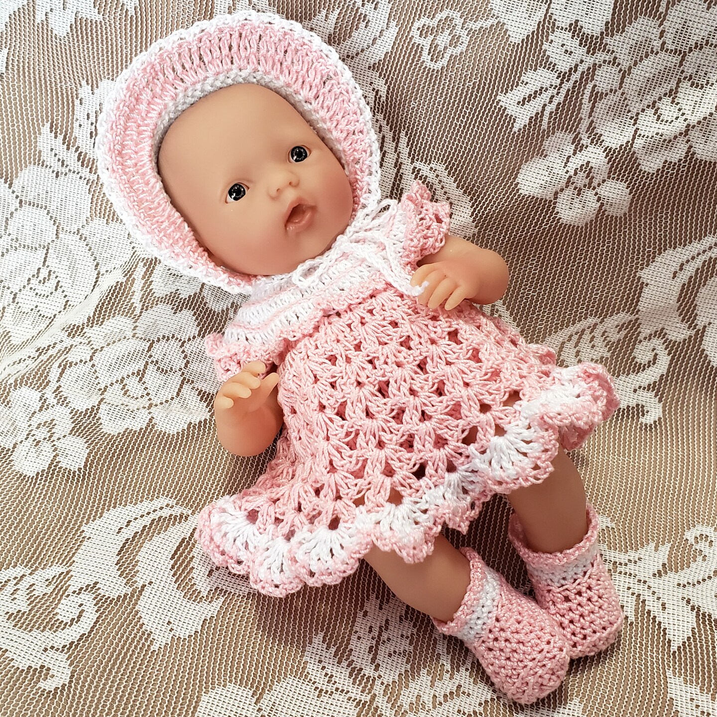 Dress Set for 7.5 inch Berenguer La Newborn Mini Baby Doll Dress Bonnet Bloomers and Booties Handmade Crochet Pink MakerPlace by Michaels