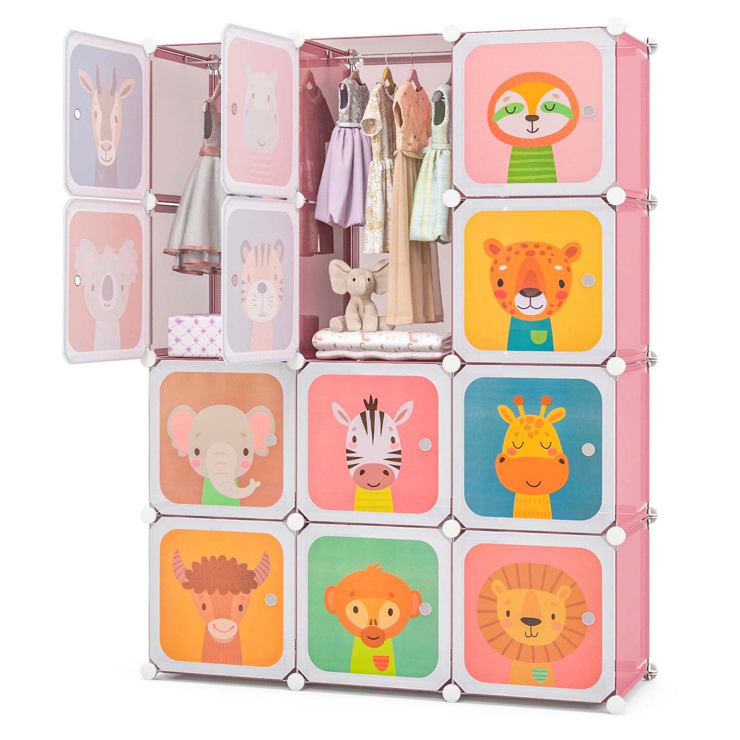 Costway 12-Cube Kids Wardrobe Baby Dresser Bedroom Armoire Clothes Hanging Closet with Door Blue/Pink