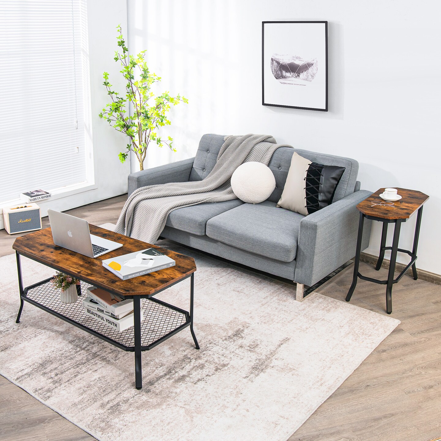 Rustic Brown Narrow Side End Table with Steel Frame Perfect for Living Room and Bedroom