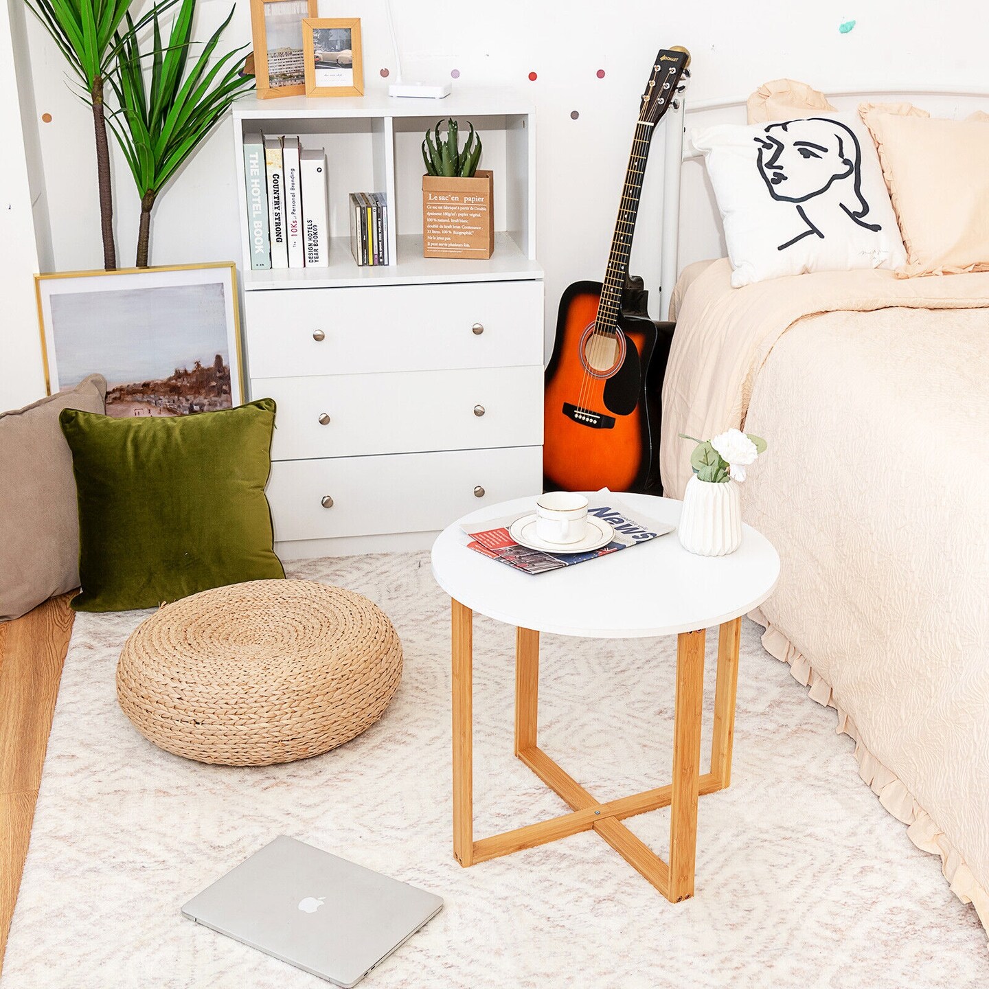 Multifunctional Round Side End Table with Bamboo Legs