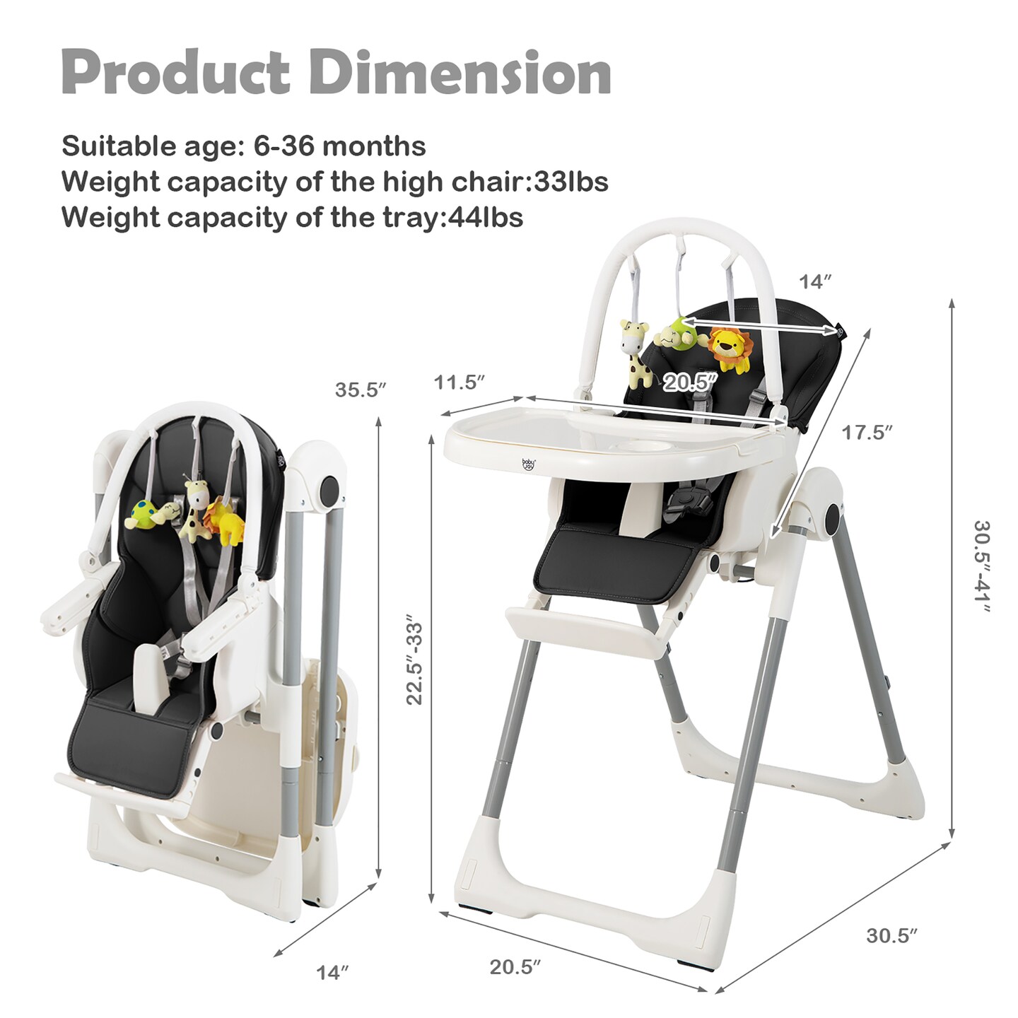 Babyjoy Foldable High Chair Baby Feeding Chair with 7 Adjustable Heights Pink/Black/Grey/Yellow/Green