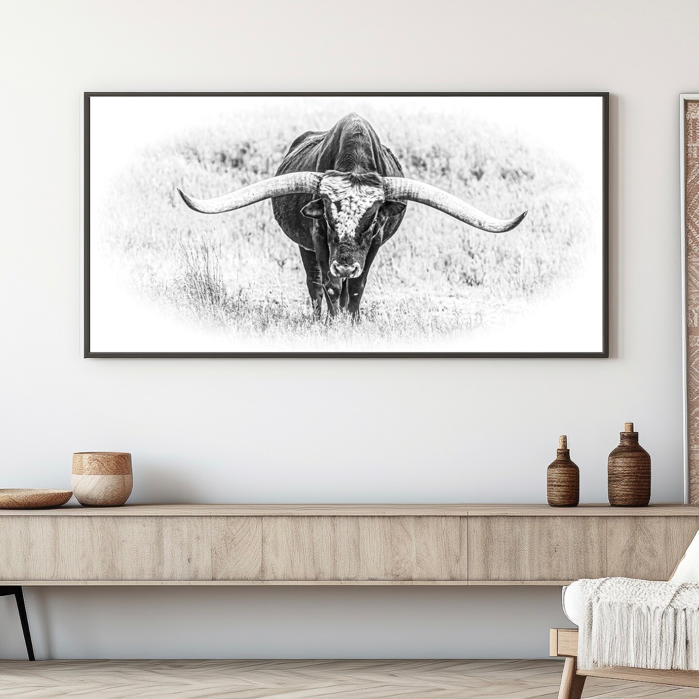 Western wall art, black and white longhorn, longhorn panoramic canvas ...