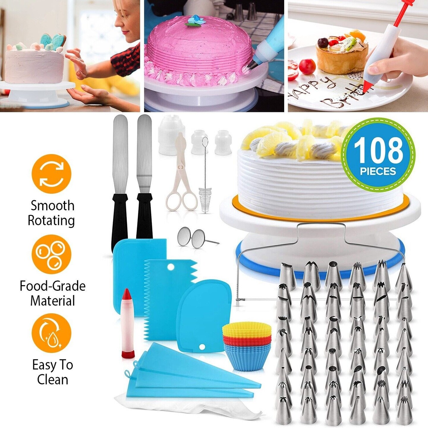 108Pcs DIY Cupcake Cake Decorating Supplies Tool Kit Turntable Stand Pen