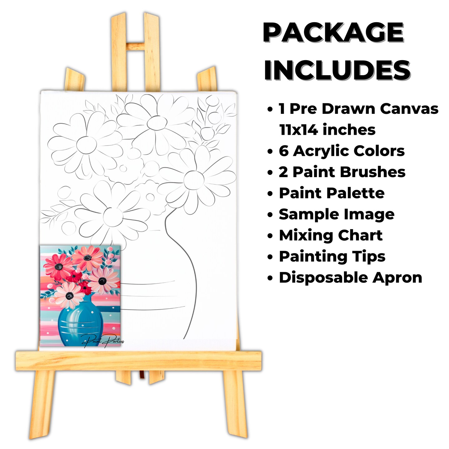 "Pink Bouquet In Blue Vase" DIY Canvas Art Kit, Adult Beginner, Acrylic Paint Size 11x14 inch