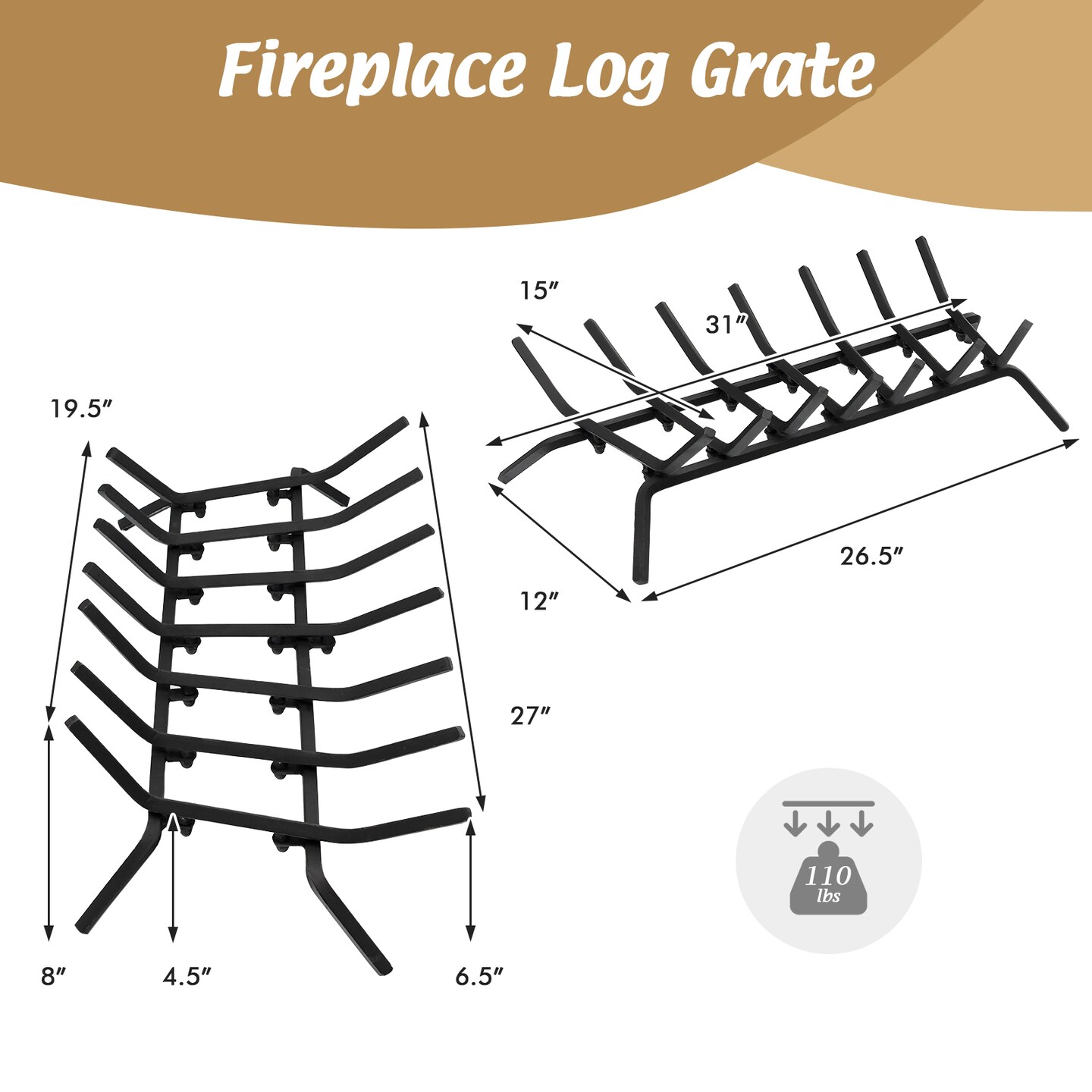 Black Metal Fireplace Grate for Outdoor Fire Pit with V-Shaped Design