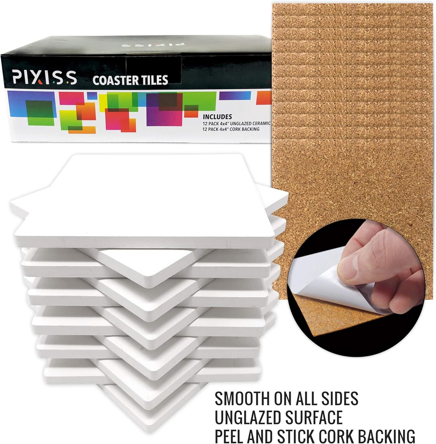 Ceramic Tiles for Crafts Coasters Kit, 12 Ceramic White Tiles, Cork Backing Pads, 16 Reusable Craft Stencils, Acrylic Paint, Paint Pallet, Brushes, Pallet Tile Coaster Pouring Bundle