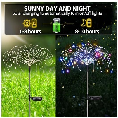 4 Pack 360 LED Waterproof Fireworks Lamp, Fairy Fireworks Light for Christmas Yard Patio Party Decor, Sparkler Lights with Large Capacity Solar Panels (Multi Colour)