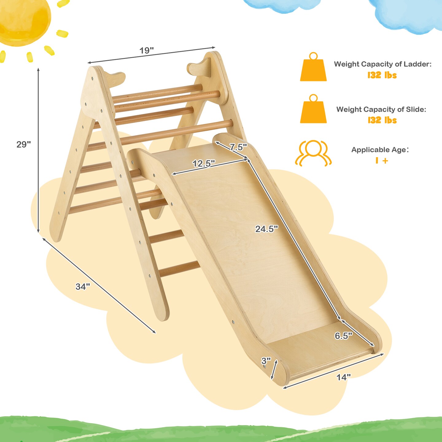 2-in-1 Wooden Triangle Climber Set with Gradient Adjustable Slide